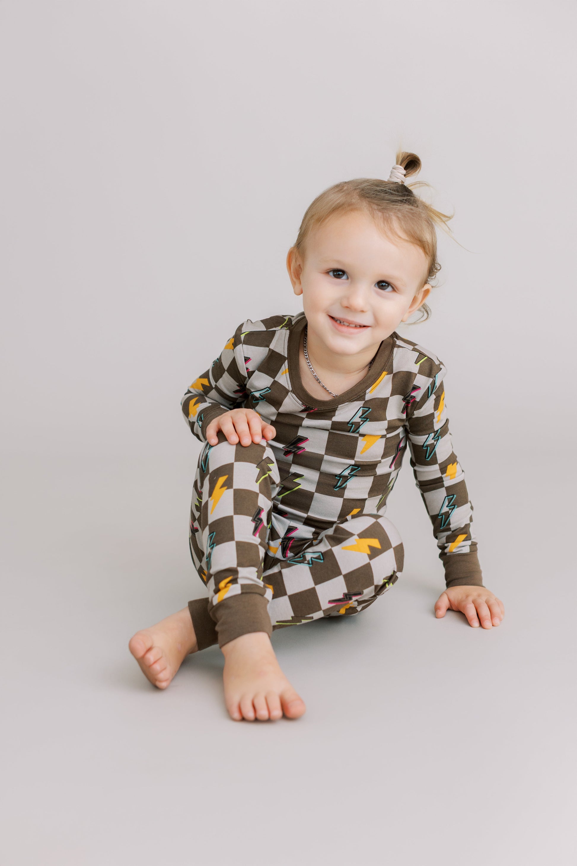 Two Piece Pajama Set: Checkered with Lightning Bolts