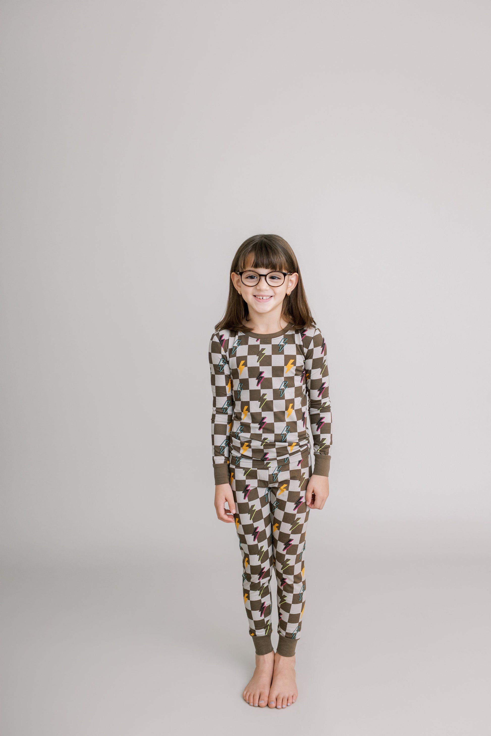 Two Piece Pajama Set: Checkered with Lightning Bolts