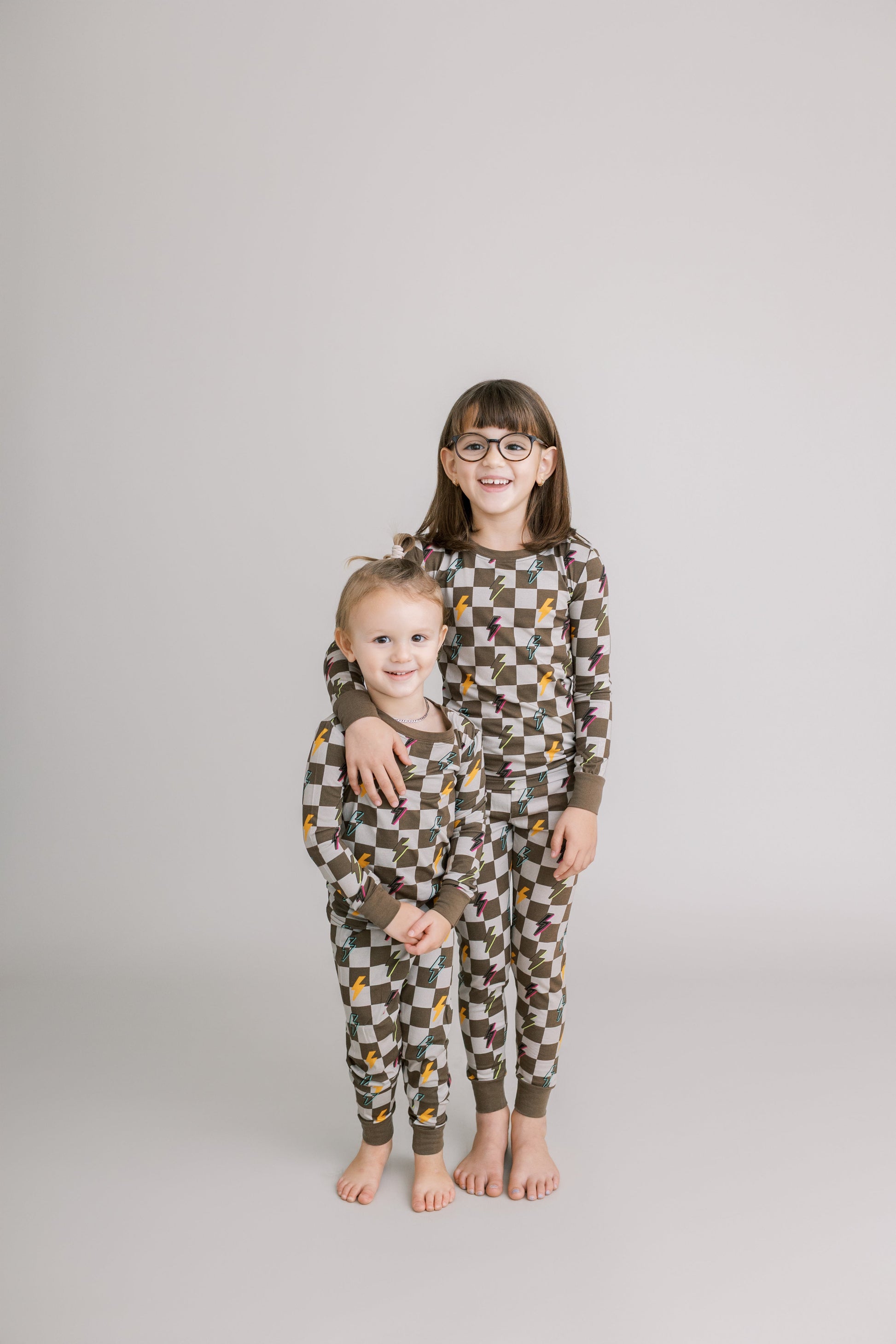 Two Piece Pajama Set: Checkered with Lightning Bolts