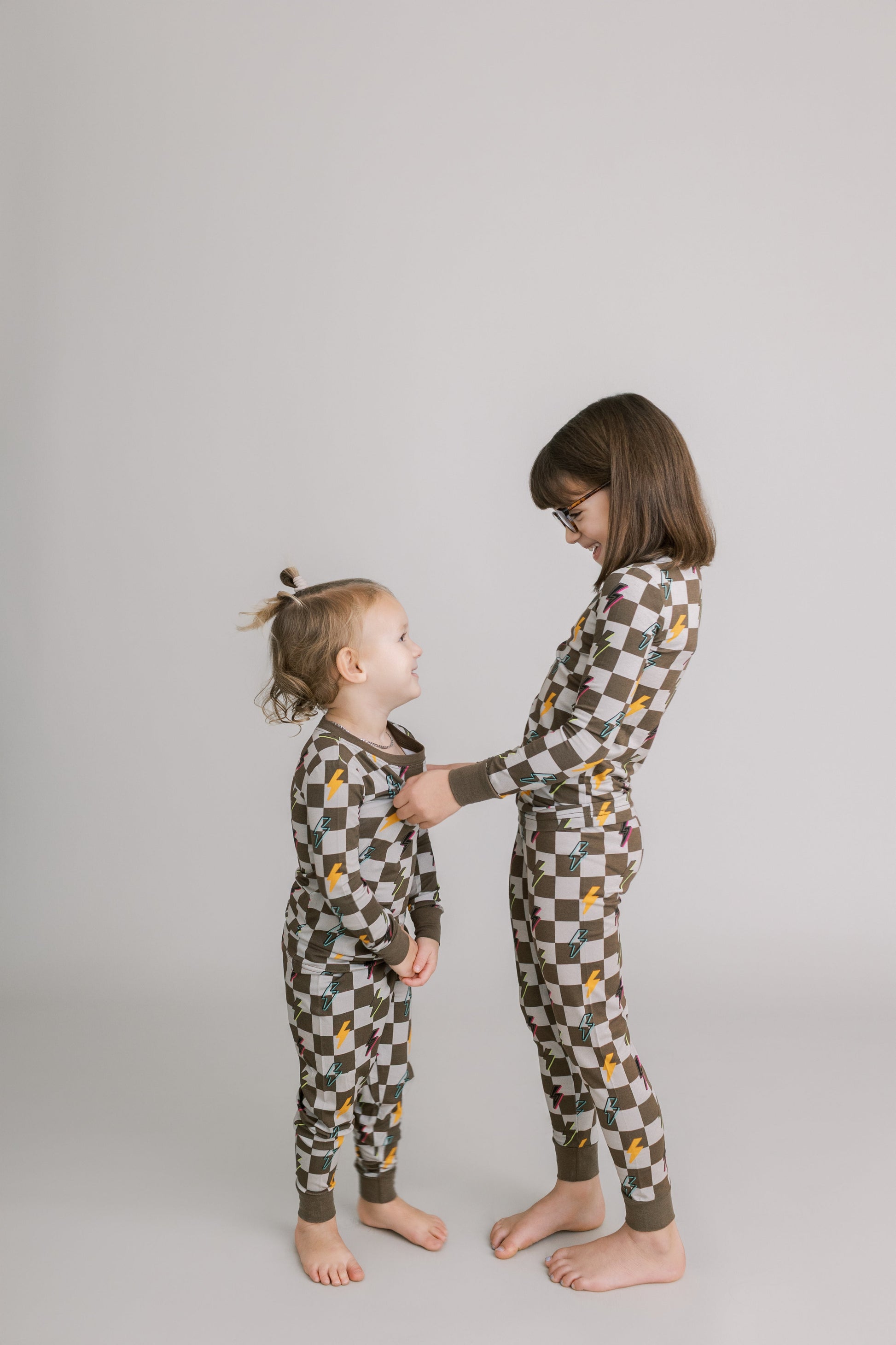 Two Piece Pajama Set: Checkered with Lightning Bolts